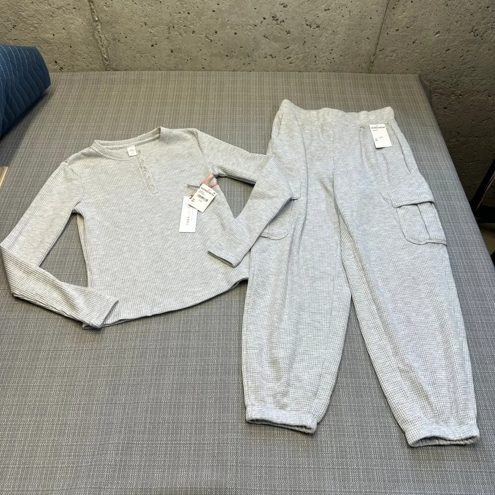 New Yogalicious Waffle Lounge Set XS Gray 2pc Brushed Thermal Top Joggers - Picture 1 of 10
